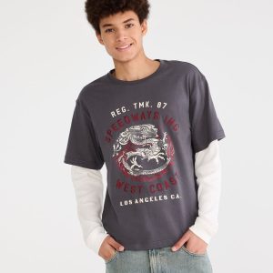 Long Sleeve West Coast Dragon Boxy 2Fer Tee - Black