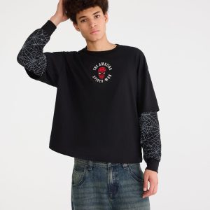 Marvel | Aéropostale Long Sleeve Spider-Man Spiderwebs Boxy 2Fer Tee - Black