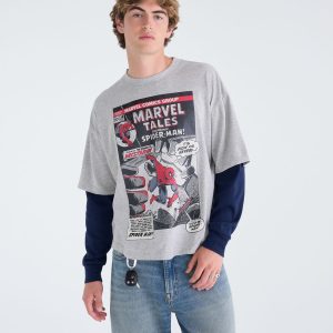 Marvel | Aéropostale Long Sleeve Spider-Man Comic Boxy 2Fer Tee - Grey