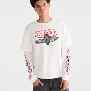 Von Dutch Long Sleeve Winged Wheel Boxy 2Fer Tee - Cream