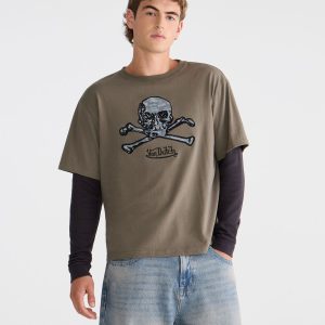 Von Dutch Long Sleeve Camo Skull Boxy 2Fer Tee - Organic Olive