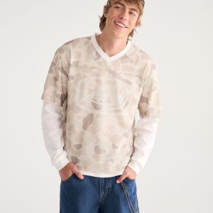 Long Sleeve Skull Camo Boxy Mesh Jersey 2Fer Tee - Cream