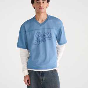 Long Sleeve Aero Logo Boxy Mesh Jersey 2Fer Tee - Ocean Sparkle
