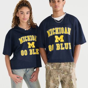 Michigan Wolverines Boxy Mesh V-Neck Top - Navy