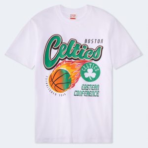 Boston Celtics Flaming Basketball Relaxed Graphic Tee - White