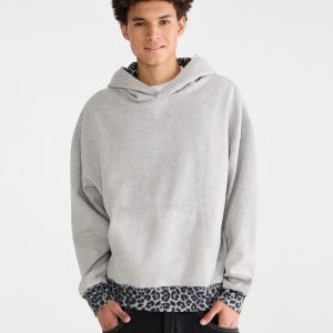 Cloud Soft Leopard Print-Trim Pullover Hoodie - Light Heather Grey