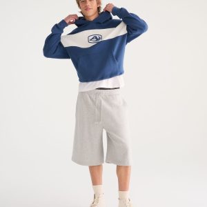 Cloud Soft Letter Logo Colorblock Boxy Pullover Hoodie - Dark Denim
