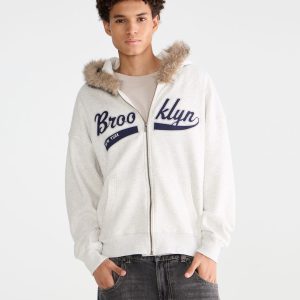 Brooklyn Faux Fur-Trimmed Boxy Full-Zip Hoodie - Lightest Heather Grey