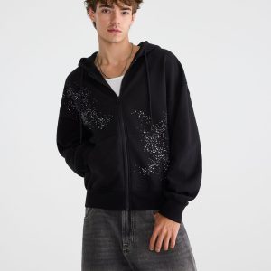 Cloud Soft Rhinestone Boxy Full-Zip Hoodie - Black