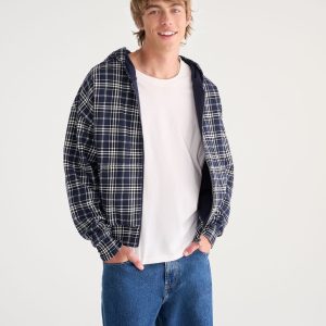 Cloud Soft Plaid Reversible Boxy Full-Zip Hoodie - Naval Blue