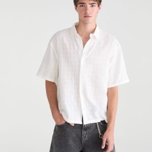 Textured Windowpane Boxy Shirt - Cream