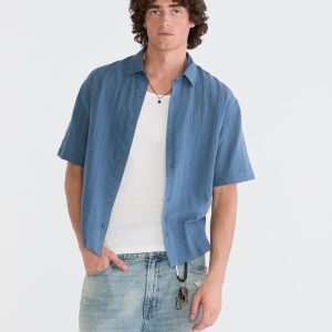Textured Windowpane Boxy Shirt - Indigo Ink