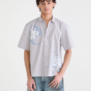 Floral Tattoo Microplaid Boxy Shirt - Seahawk