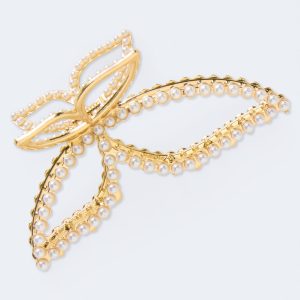 Faux Pearl Metal Butterfly Claw Hair Clip - Gold