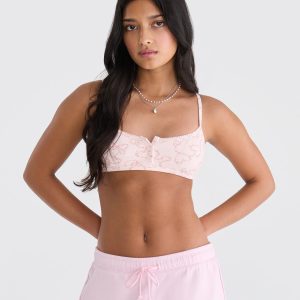 Floral Hearts Waffle Henley Bralette - Pink Chiffon