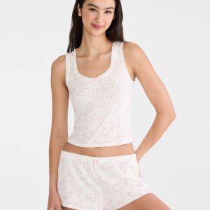 Floral Bow Cropped Waffle Sleep Tank - Cream