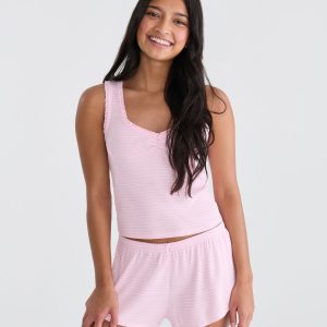 Thin Stripe Cropped Waffle Sleep Tank - Fiesta Pink