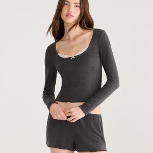 Long Sleeve Lace-Trim Cropped Sleep Tee - Charcoal Heather Grey