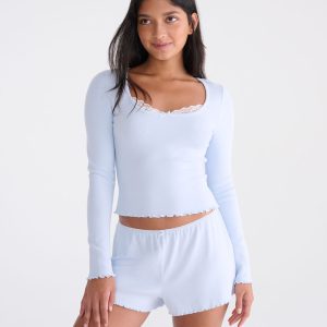 Long Sleeve Lace-Trim Cropped Sleep Tee - Blue Haze