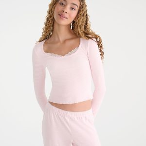 Long Sleeve Lace-Trim Cropped Sleep Tee - Mermaid Pink