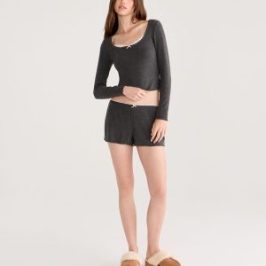 Low-Rise Lettuce-Edge Sleep Shorts - Charcoal Heather Grey