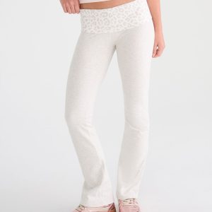 Leopard Print Mid-Rise Fold-Over Bootcut Pants - Lightest Heather Grey