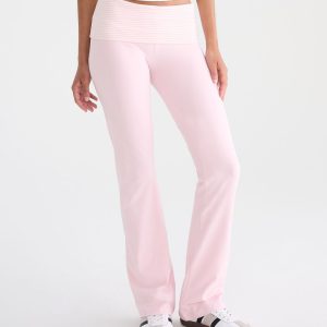 Striped Mid-Rise Fold-Over Bootcut Pants - Mermaid Pink