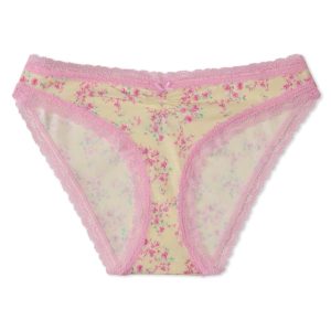 Cotton Floral Cinched Lace-Trim Low-Rise Bikini - Transparent Yellow