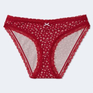 Cotton Floral Cinched Lace-Trim Low-Rise Bikini - Red Cedar
