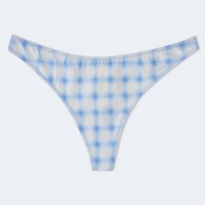 Cotton Plaid Low-Rise Thong - Light Blue