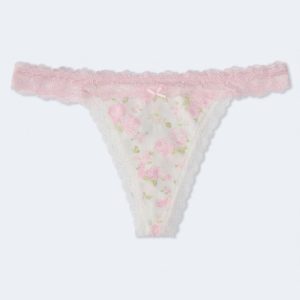Cotton Floral Lace-Trim Low-Rise Thong - Cream