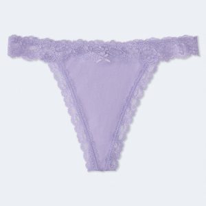 Cotton Solid Lace-Trim Low-Rise Thong - Lilac Holiday