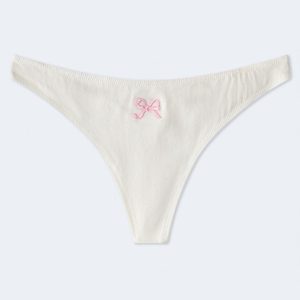 Cotton Embroidered Bow Thong - Cream