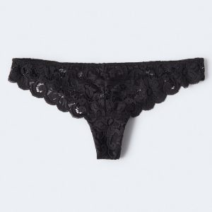 Cotton Floral Lace Thong - Black Fox