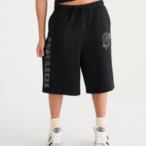 Déjà For Aero Rhinestone Rose Low-Rise Baggy Fleece Shorts - Black