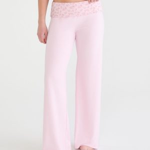 Printed Fold-Over Wide Leg Sleep Pants - Mermaid Pink