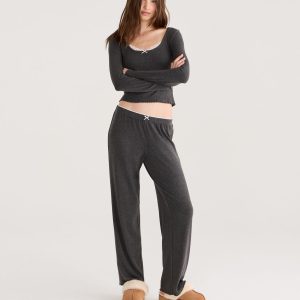 Ribbed Lettuce-Edge Sleep Pants - Charcoal Heather Grey