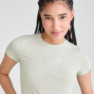 Rhinestone Aero Butterfly Graphic Tee - Organic Olive