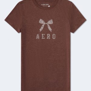 Aero Rhinestone Bow Graphic Tee - Mocha
