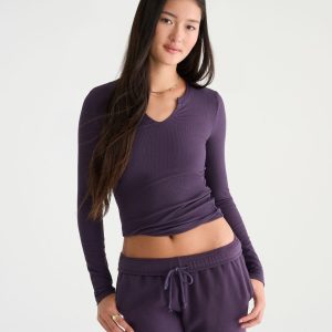 Long Sleeve Buttery Soft Notch-Neck Tee - Blueberry