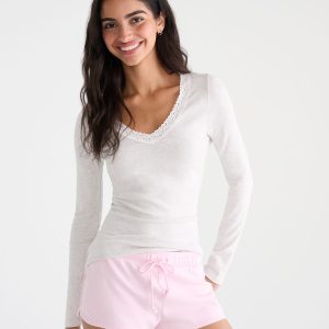 Long Sleeve Seriously Soft Lace-Trim V-Neck Tee - Lightest Heather Grey