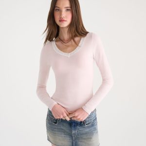 Long Sleeve Seriously Soft Lace-Trim V-Neck Tee - Pink Bluff