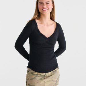 Long Sleeve Seriously Soft Y2K Lace V-Neck Tee - Black Fox