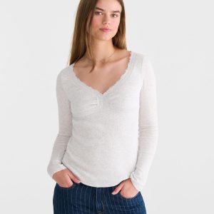 Long Sleeve Seriously Soft Y2K Lace V-Neck Tee - Lightest Heather Grey