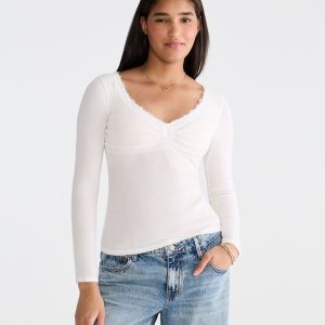 Long Sleeve Seriously Soft Y2K Lace V-Neck Tee - Cream