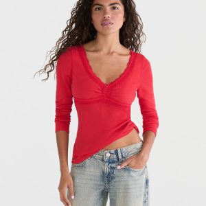 Long Sleeve Seriously Soft Y2K Lace V-Neck Tee - Cherry Wine