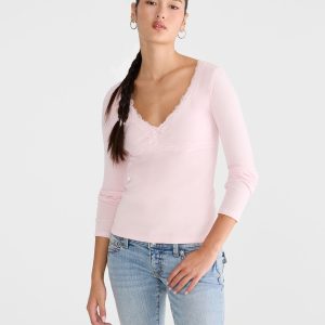 Long Sleeve Seriously Soft Y2K Lace V-Neck Tee - Peach Whip