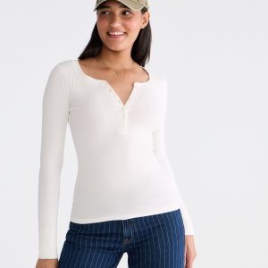 Long Sleeve Solid Ribbed Henley - Cream
