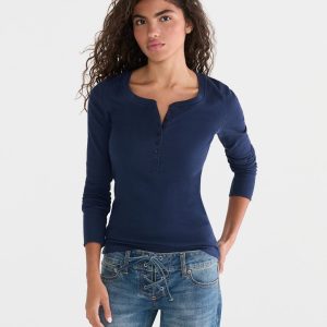 Long Sleeve Solid Ribbed Henley - Cadet Navy