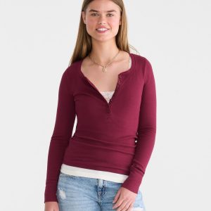 Long Sleeve Solid Ribbed Henley - Classic Auburn